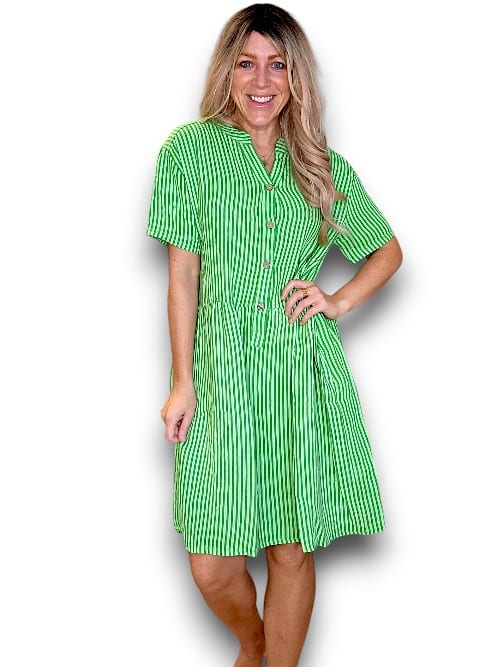 Bright Green Stripe Midi Coconut Button Dress