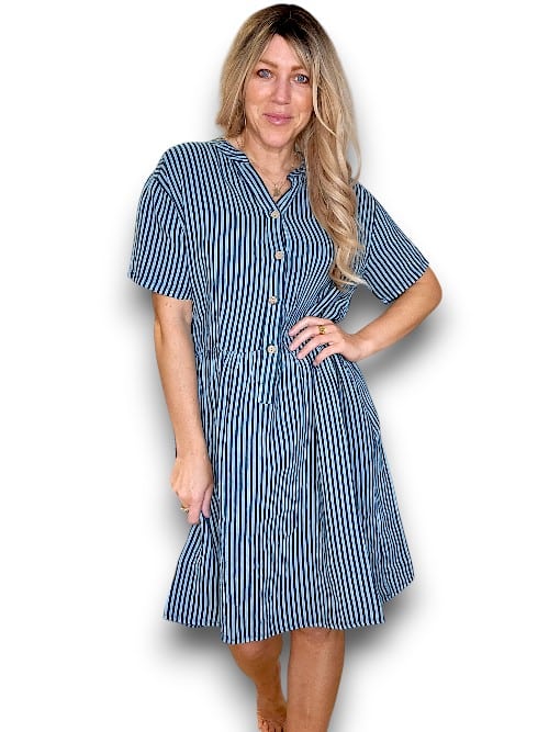Dark Jade Stripe Midi Coconut Button Dress