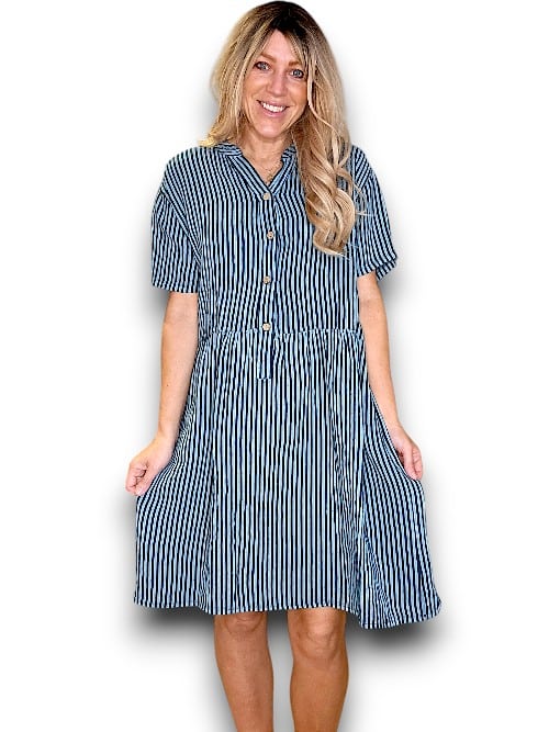Charcoal Stripe Midi Coconut Button Dress