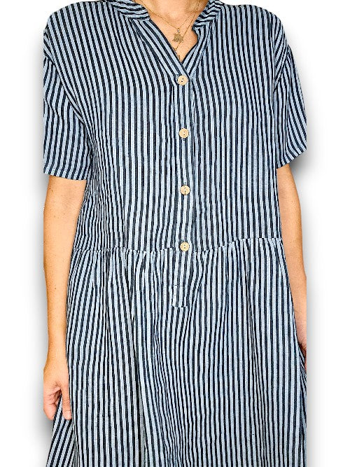 Charcoal Stripe Midi Coconut Button Dress