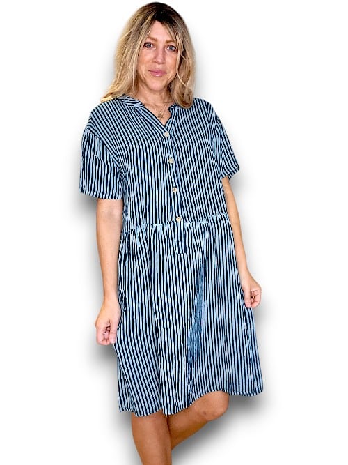 Dark Jade Stripe Midi Coconut Button Dress