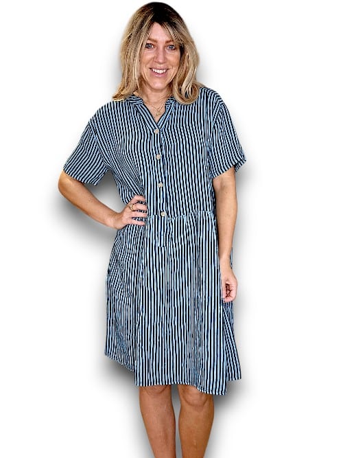 Dark Jade Stripe Midi Coconut Button Dress