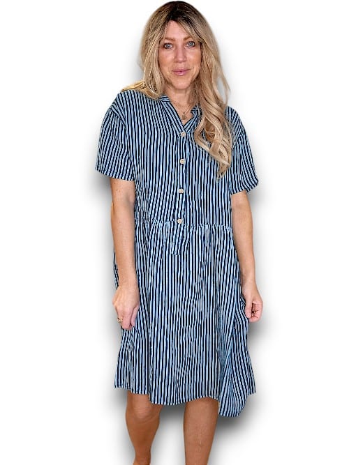 Dark Jade Stripe Midi Coconut Button Dress