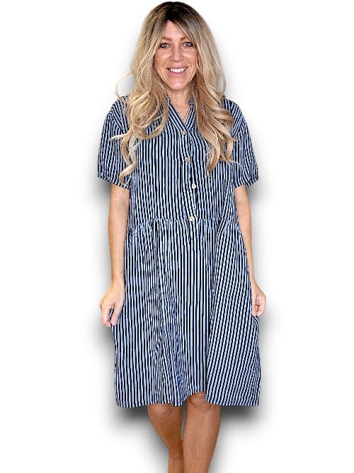 Charcoal Stripe Midi Coconut Button Dress
