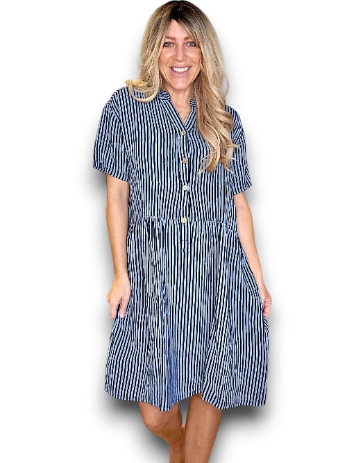 Charcoal Stripe Midi Coconut Button Dress