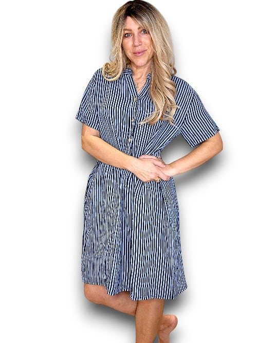 Charcoal Stripe Midi Coconut Button Dress