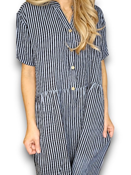 Dark Jade Stripe Midi Coconut Button Dress