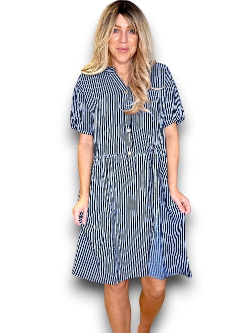 Charcoal Stripe Midi Coconut Button Dress