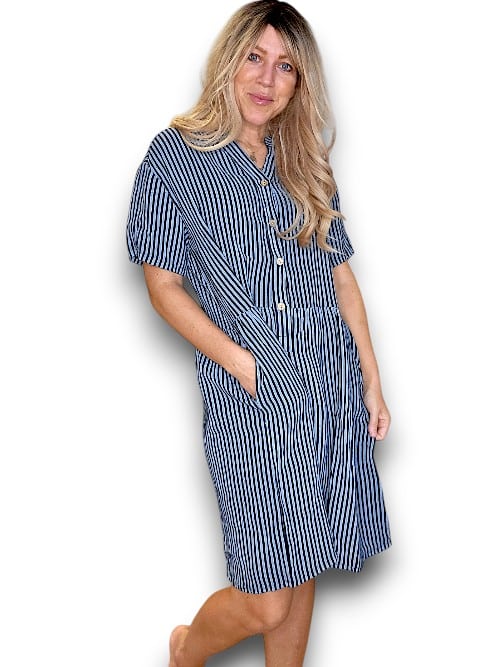 Charcoal Stripe Midi Coconut Button Dress