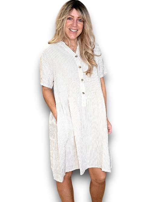 Beige Stripe Midi Coconut Button Dress