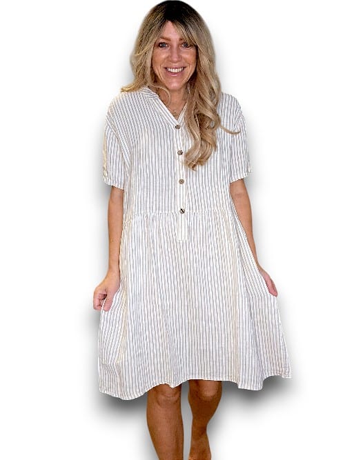 Beige Stripe Midi Coconut Button Dress