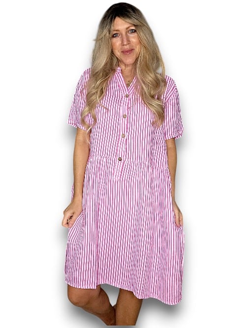 Bubblegum Pink Stripe Midi Coconut Button Dress
