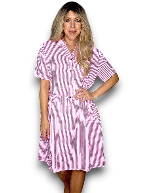 Bubblegum Pink Stripe Midi Coconut Button Dress