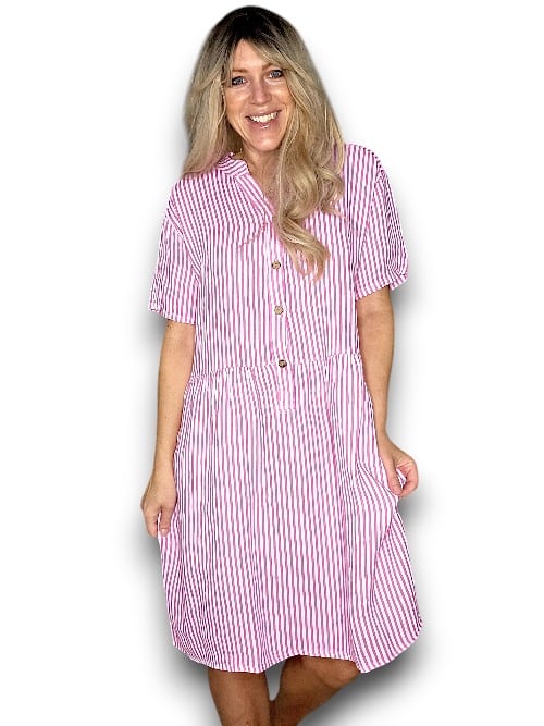 Bubblegum Pink Stripe Midi Coconut Button Dress