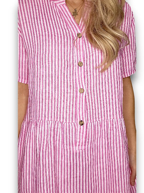 Bubblegum Pink Stripe Midi Coconut Button Dress