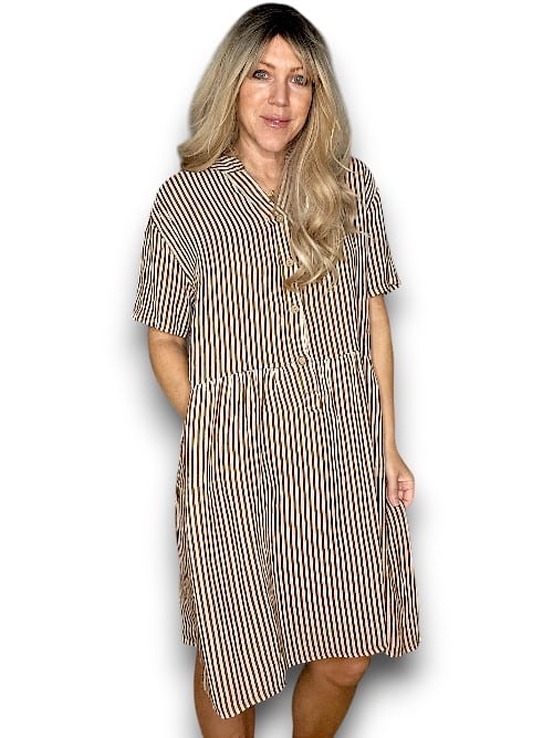 Coffee Stripe Midi Coconut Button Dress