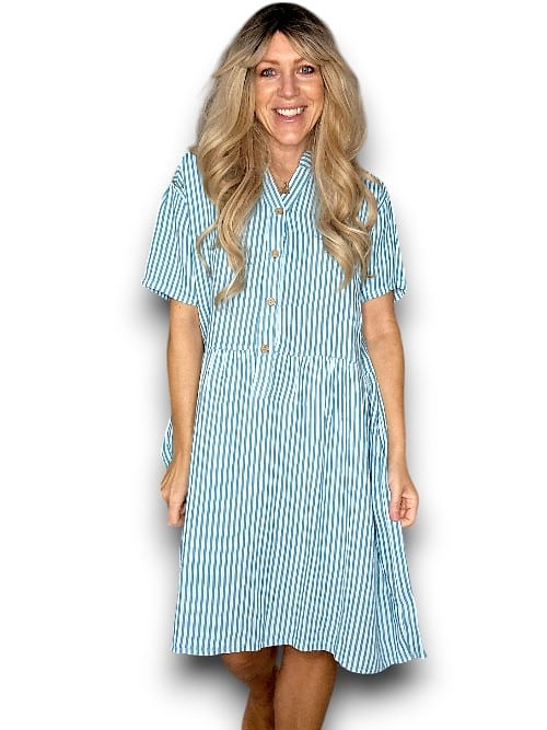 Light Turquoise Stripe Midi Coconut Button Dress