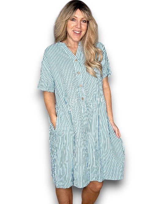 Light Turquoise Stripe Midi Coconut Button Dress
