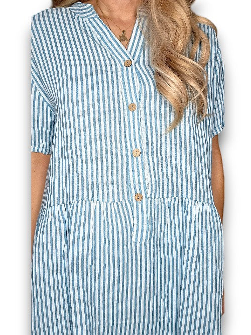 Light Turquoise Stripe Midi Coconut Button Dress