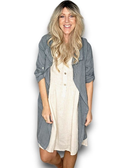 Grey Long Drawstring Linen Jkt