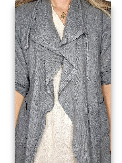 Grey Long Drawstring Linen Jkt