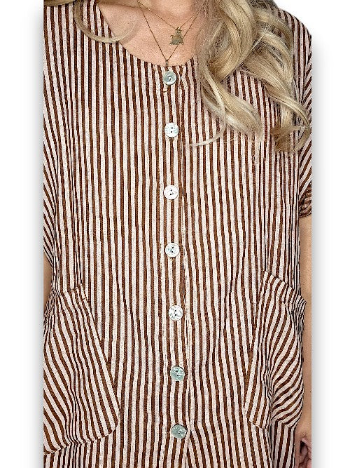 Coffee Stripe Pearl Buttons Shirt