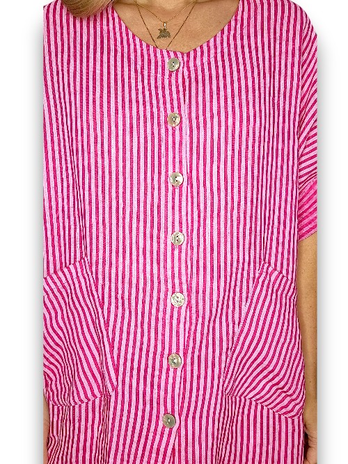 Hot Pink Stripe Pearl Buttons Shirt