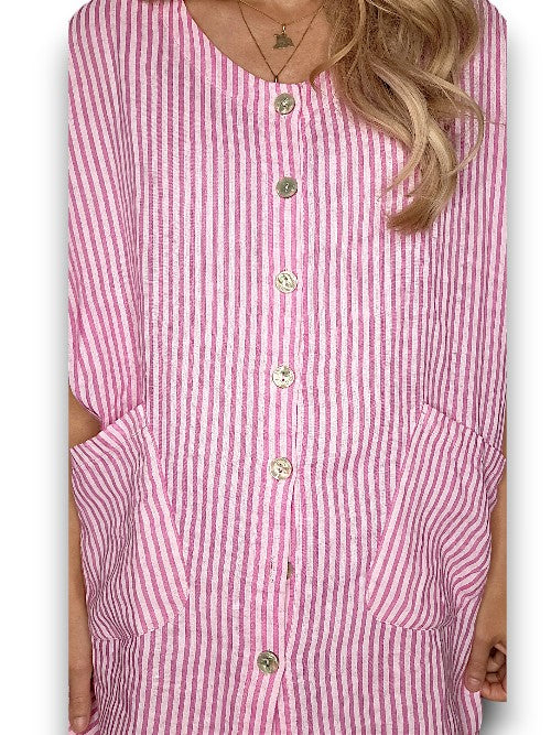 Bubblegum Pink Stripe Pearl Buttons Shirt