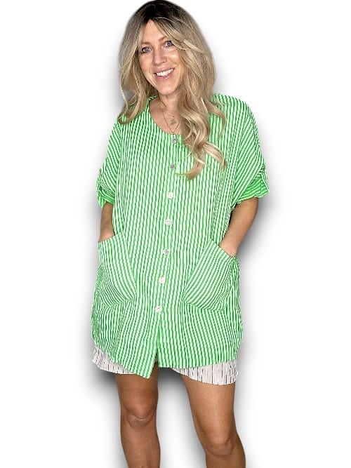 Bright Green Stripe Pearl Buttons Shirt