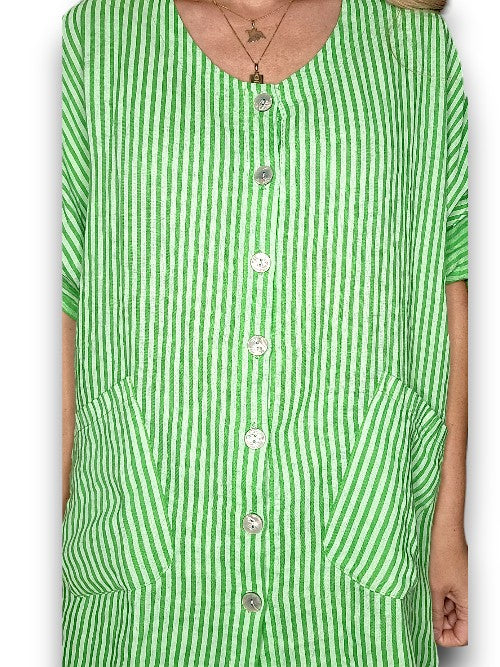 Bright Green Stripe Pearl Buttons Shirt