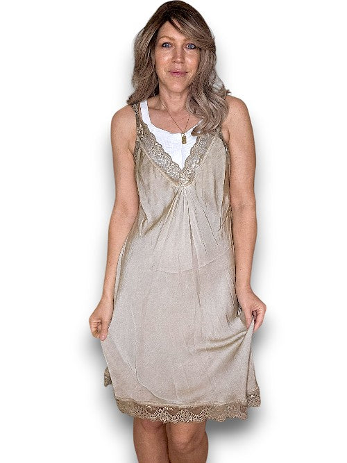 Washed Mocha Silky Lace Slip Dress