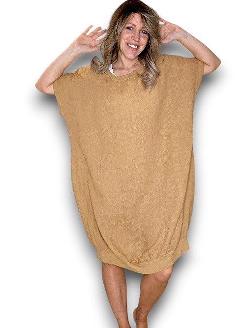 Caramel Plain Elastic Hem Dress