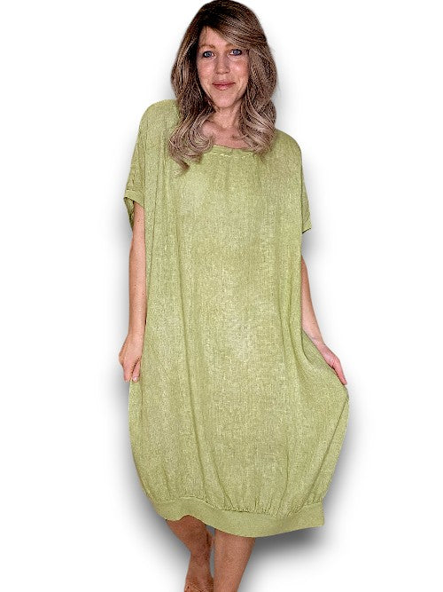 Antique Lime Plain Elastic Hem Dress