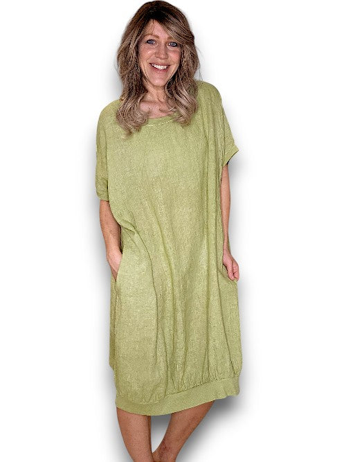 Antique Lime Plain Elastic Hem Dress