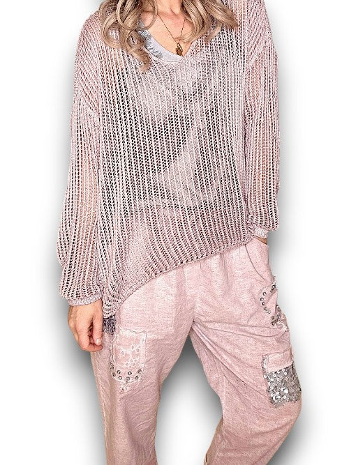 Beige V-neck Long Sleeve Knit