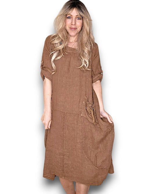 Coffee Plain Button Sleeve Maxi Dress