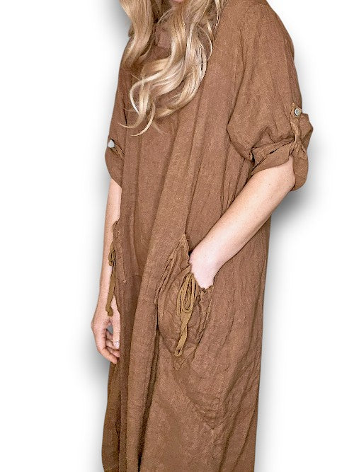 Coffee Plain Button Sleeve Maxi Dress