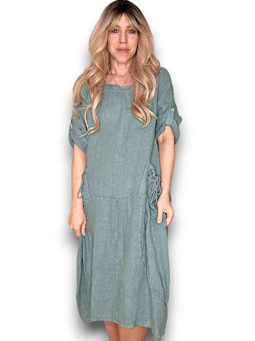 Sage Plain Button Sleeve Maxi Dress