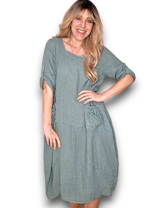 Sage Plain Button Sleeve Maxi Dress