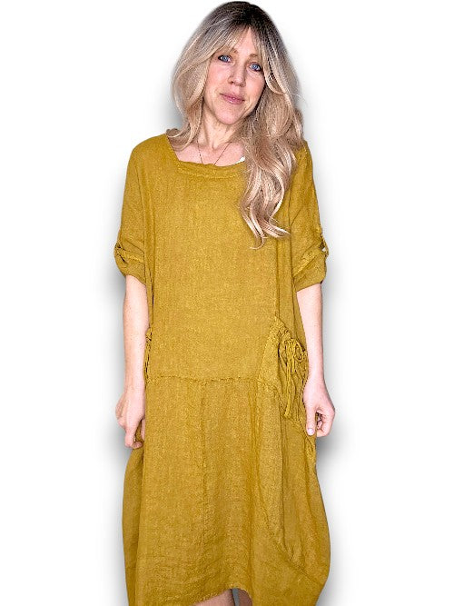 Mustard Plain Button Sleeve Maxi Dress