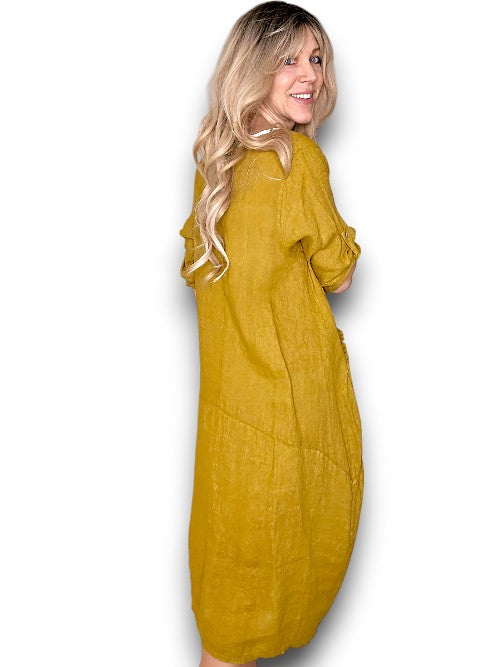 Mustard Plain Button Sleeve Maxi Dress