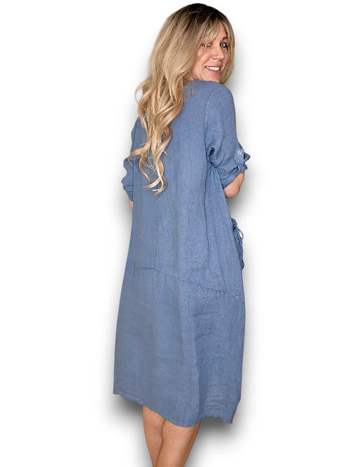 Petrol Plain Button Sleeve Maxi Dress