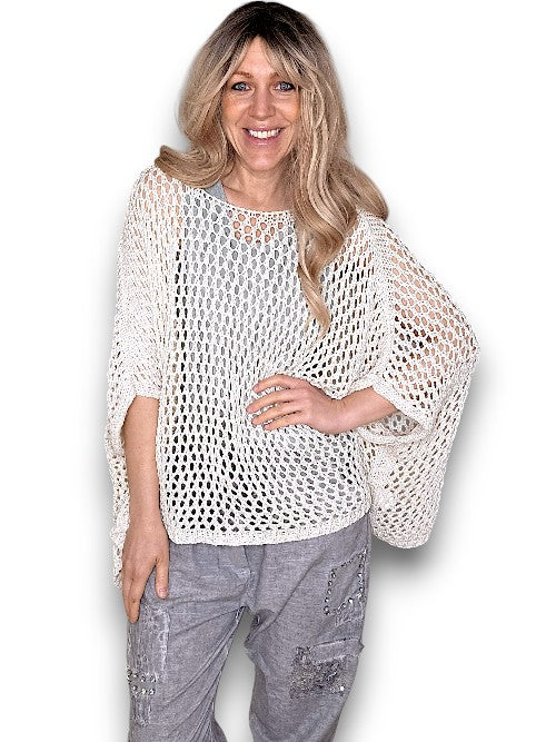 Cream Glitter Hollow Knit Poncho
