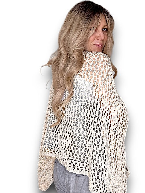 Cream Glitter Hollow Knit Poncho