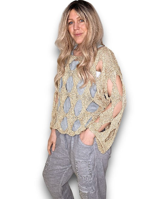 Gold Glitter Diamond Hollow Lng Sl Knit
