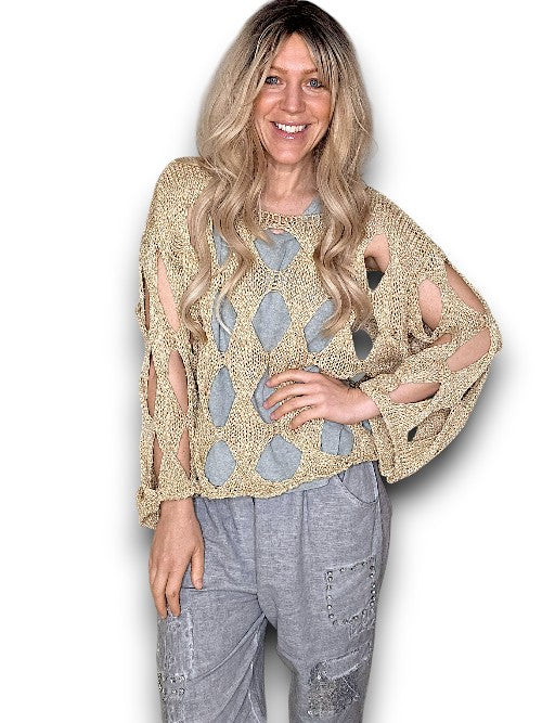 Gold Glitter Diamond Hollow Lng Sl Knit