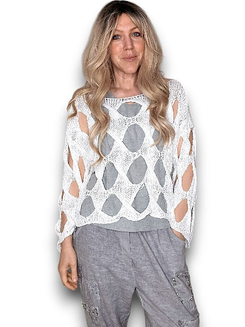White Diamond Hollow Lng Sl Knit