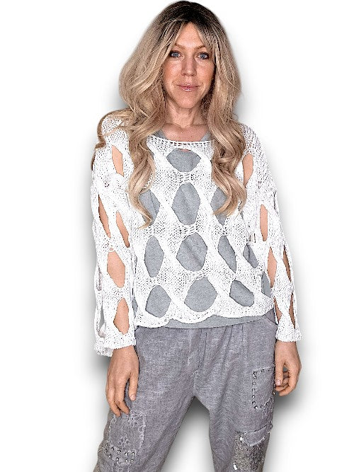 White Diamond Hollow Lng Sl Knit