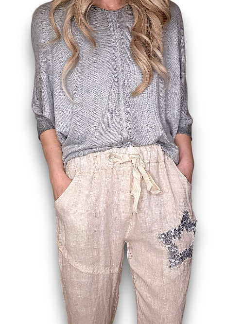 Beige Linen Star Pants