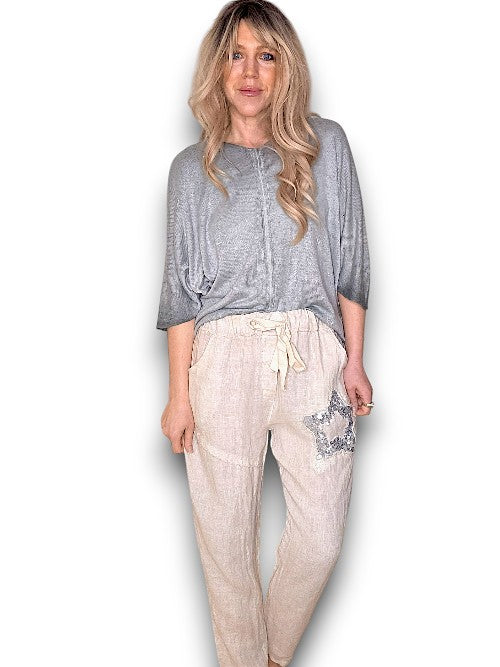 Beige Linen Star Pants